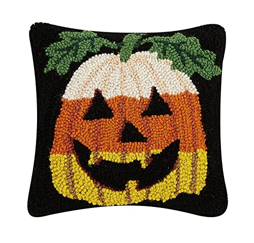 Peking Handicraft Candy Corn Pumpkin Halloween Polyfill Hook Throw Pillow, 10-inch Square, Wool and Velvet Back, Holiday Seasonal Decoration