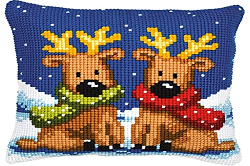 Vervaco Cross Stitch Christmas Embroidery Kits Pillow Front for Self-Embroidery with Embroidery Pattern on 100% Cotton, 15,75 x 15,75 Inches - 40 x 40 cm, Reindeer Twins