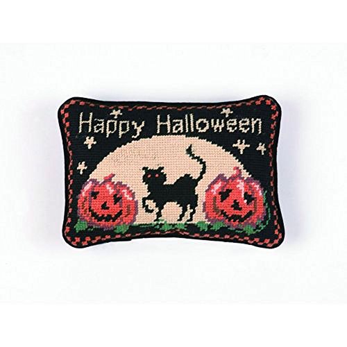 Peking Handicraft Happy Halloween Black Cat with Pumpkins Needlepoint Wool Throw Pillow, 6.5 Inch X 9 Inch