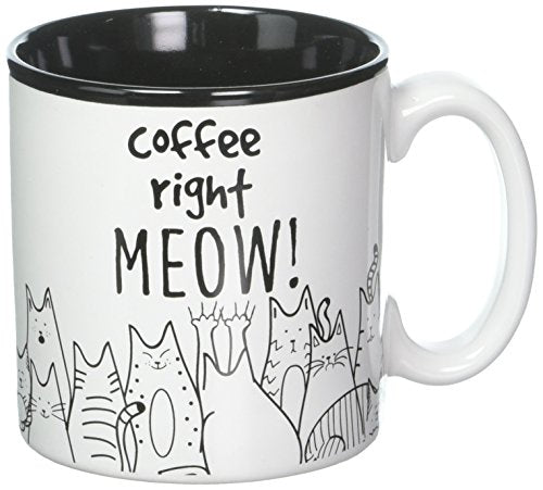 burton + BURTON BnB Cat Lovers Mug Coffee Right Meow Funny Message Novelty Ceramic Cup for Java, Hot Tea or Hot Chocolate 13 oz 3.75 in H x 5 in W x 3.5 in D, Black and White with Feline Animated drawings, One in box