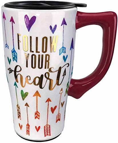 Spoontiques 12845 Follow Your Heart Ceramic Travel Mug, 18 ounces, White