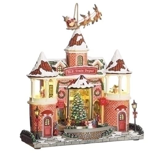 ROMAN MUS 14"LED BRICK BLDG W/ROTATE TRAIN&SANTA SLEIGH B/O W/O BAT