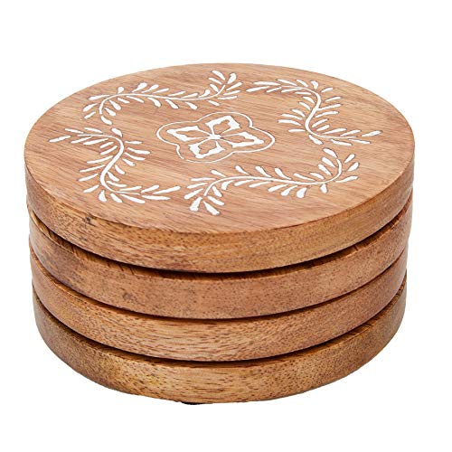 Mud Pie Carved Wood Coaster Set, 4" dia, Tan