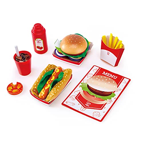 Hape Fast Food Deluxe Dinner | Wooden Diner Food for Creative Pretend Play | Classic American Meal Includes Burger, French Fries, Hot Dog, Ketchup, & Ice Cold Cola-27 Pcs