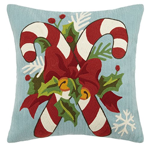 Peking Handicraft Candy Cane with Holly Leaves Crewstitch Pillow, Red
