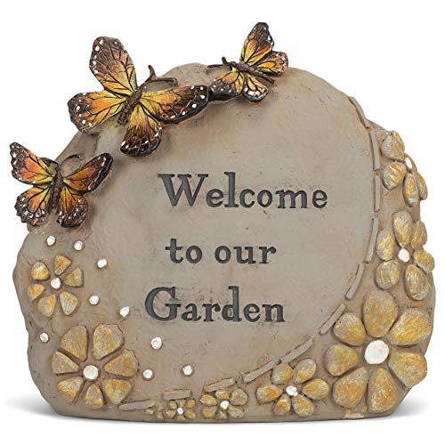 Napco Butterfly Welcome Bright Orange and Tan 7.25 Inches Polyresin Garden Stone