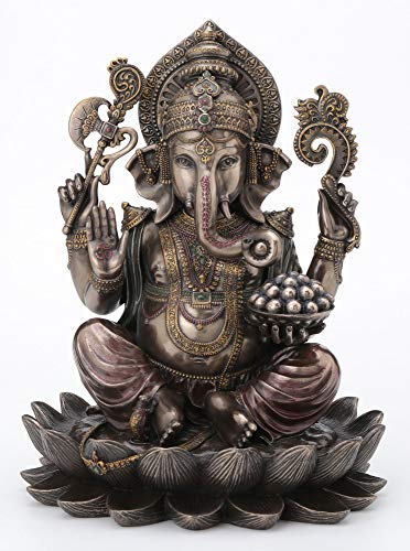 Unicorn Studio Veronese Design 10.24 Inch 5 lbs Lord Ganesha Sitting on Lotus Hindu God Antique Bronze Finish Statue