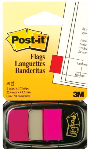 Post-it Flags, 50/Dispenser, 1 Dispenser/Pack,1 in Wide, Bright Pink (680-21)