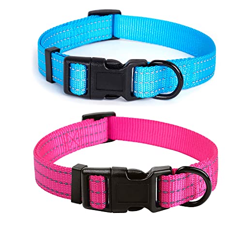 Mile High Life | Dog Collar | Nylon Thick Fabric | with Reflective Straps Three Line | Hot Blue/Pink, Large (Pack of 2)