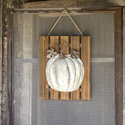 Park Hill Collection FWA81533 Embossed Metal Pumpkin on Wooden Door Plaque, 19.5-inch Height
