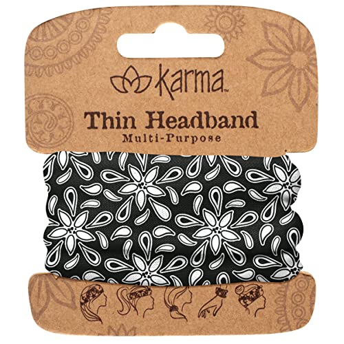 Karma Black and White Floral Headband for Women - Thin - Fabric Headband and Stretchy Hair Scarf - Black And White