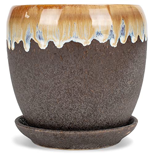 Napco Medium Glazed Brown 4.5 x 4.5 Ceramic Indoor Standing Planter with Drip Pan