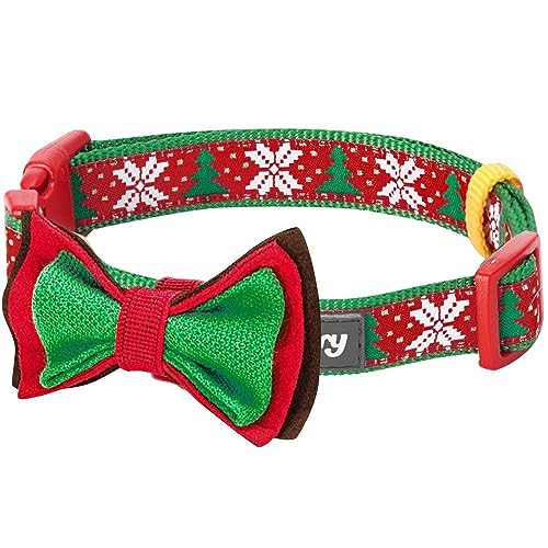 Blueberry Pet 4 Patterns Christmas Joy Snowflakes and Trees Adjustable Dog Collar with Detachable Bow Tie, Large, Neck 18"-26"