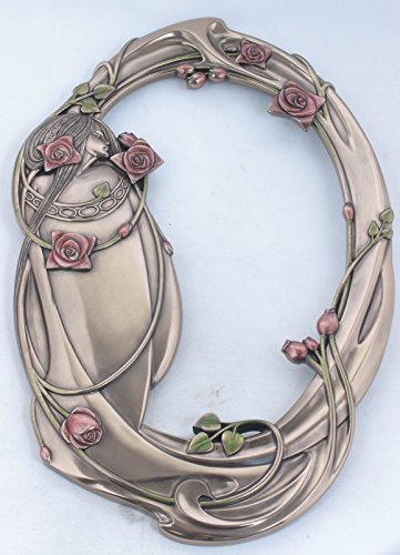 Unicorn Studio US 17.25 Inch Oval Wall Mirror Bronze Hue Maid with Roses and Scrollwork