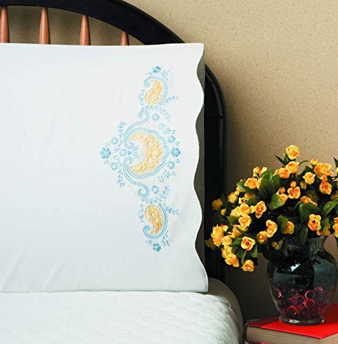 Design Works Crafts Tobin Stamped Pillowcase Pair Stamped Cross Stitch Kit for Embroidery, 20 by 30-Inch, Blue Elegance