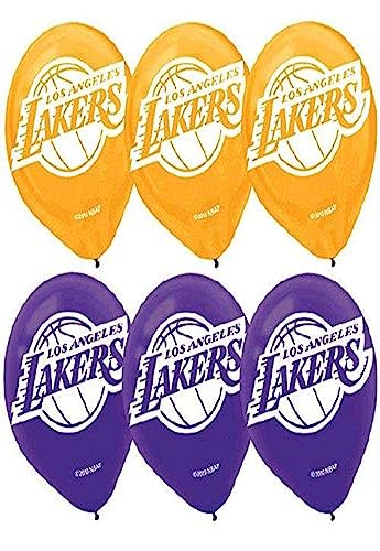 amscan Los Angeles Lakers NBA Collection Printed Latex Balloons, Party Decoration, 12", 6 Ct., Yellow/Purple