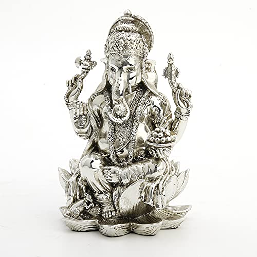 Unicorn Studio Veronese Design 7 1/4 inch Tall Hindu Ganesha Good Fortune Statue Hand Made Chrome Effect Resin Figurine Home Decor Gift