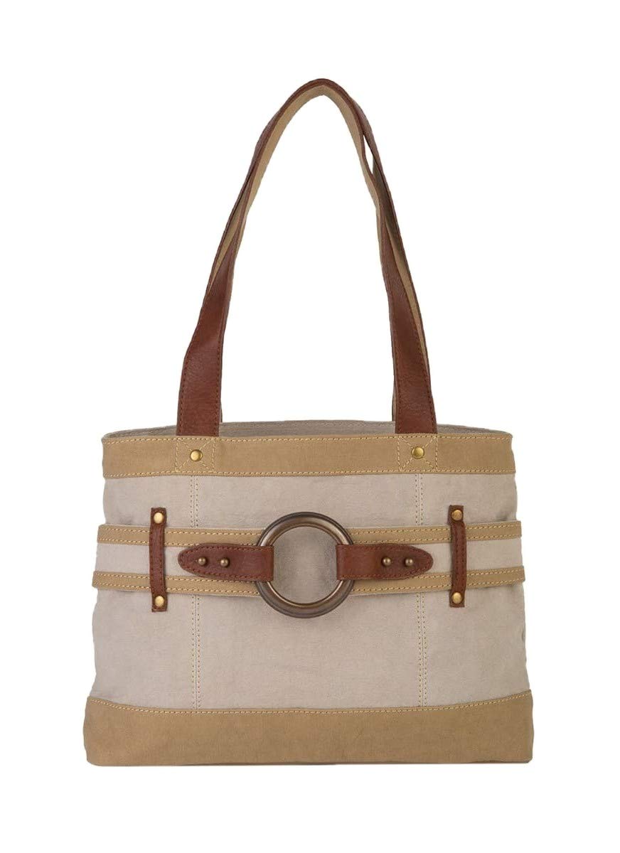 Mona B. Rowen Upcycled Canvas Shoulder Bag and Oakley Crossbody with Vegan Leather Trim (Rowen- Shoulder Bag Natural)