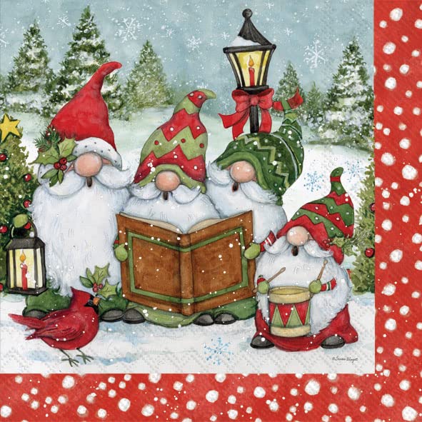 IHR Ideal Home Range Cocktail Disposable 3-Ply Paper Beverage Napkins, 5" x 5", Gnome Carolers