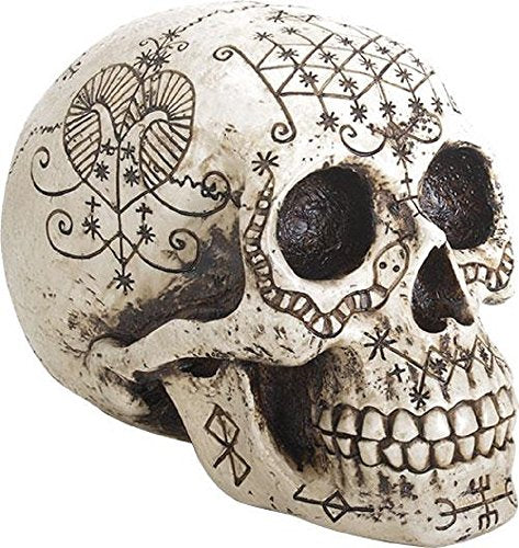 Pacific Trading YTC Summit International Human Skull Etched with Voodoo Tattoo Symbols Figurine Natural Bone Finish New