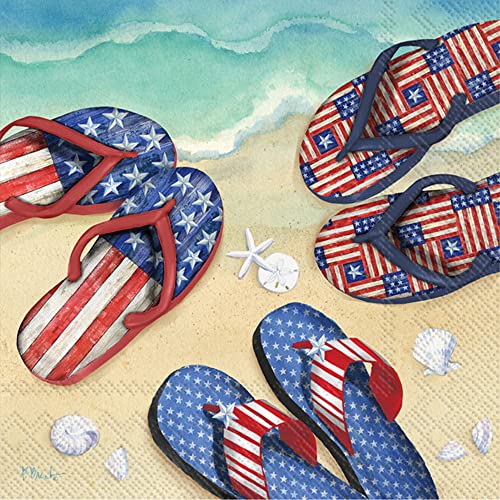 Boston International IHR Ideal Home Range 3-Ply Paper Napkins Patriotic July 4th Summer Designs, 20-Count Cocktail Size, Americana Beach Flip Flop