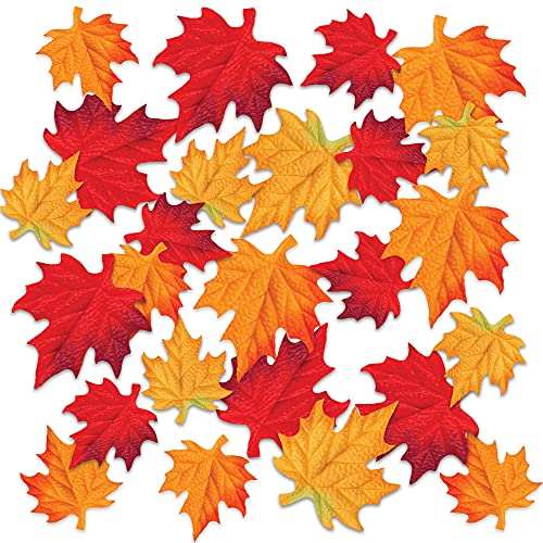 Beistle Deluxe Colorful Polyester Fabric Autumn Leaves for Weddings and Events Fall Decorations Thanksgiving Table Party Supplies, 3.5" & 4.75", Red/Orange/Yellow