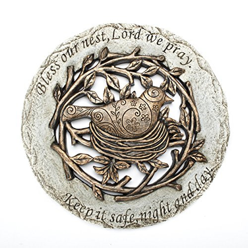 Roman Exclusive Terrace Garden Stone with a Bird in Nest and Verse, 12.2-Inch, 2-Tone Dolomite/Resin