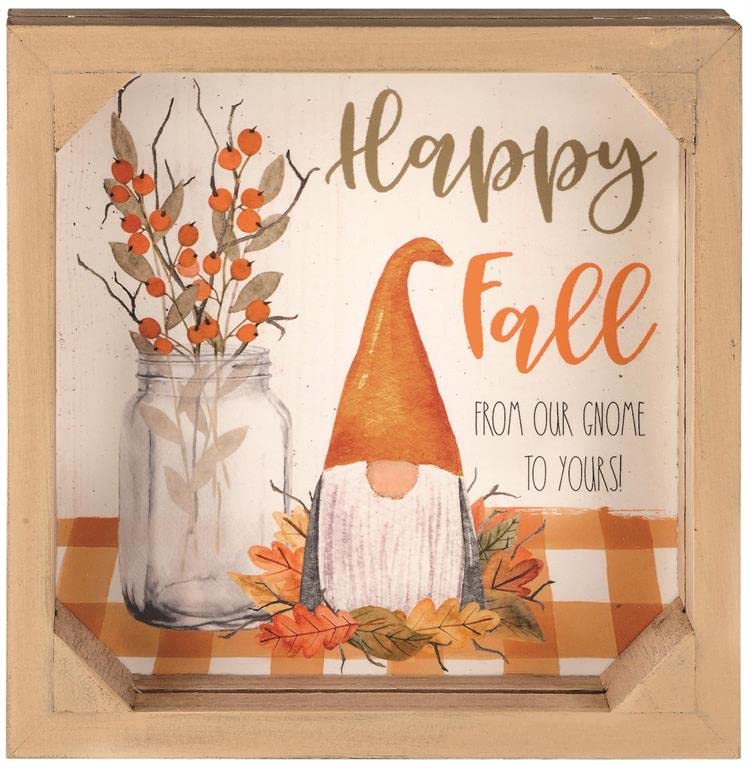 Blossom Bucket 226-30357 Happy Fall Gnome Shadow Box with Crate Style Frame, 6-inch Square