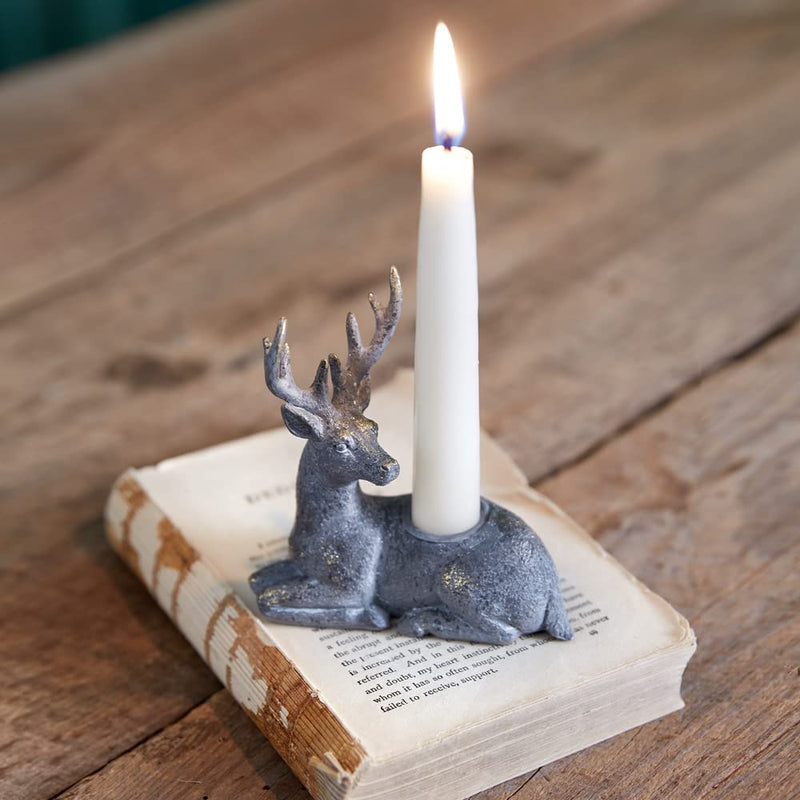 CTW Home Collection Resin Christmas Kneeling Deer Taper Candle Holder, 4-inch Height, Holiday Season Decoration