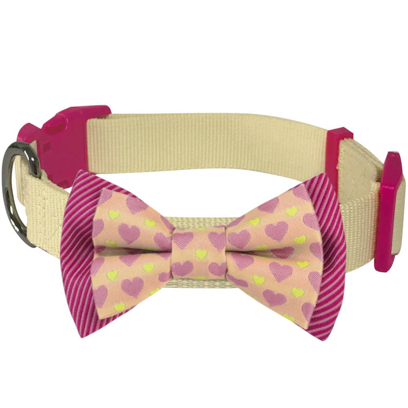Blueberry Pet 4 Patterns Heart and Stripe Handmade Detachable Bow Tie Adjustable Dog Collar in Fresh Cream, Medium, Neck 14.5"-20"