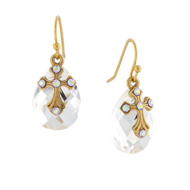 1928 Jewelry 14K Gold Dipped Crystal Aurora Borealis Briolette Cross Drop Earrings