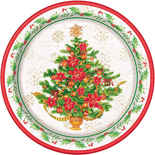 Unique Industries Unique Festive Poinsettia Christmas Tree Round Dinner Plates - 8 Pcs