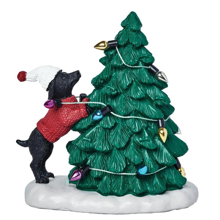 Blossom Bucket Dog Decorating Christmas Tree with Lights
