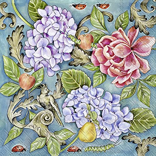 Boston International IHR Floral Fall Autumn Thanksgiving 3-Ply Paper Napkins, 20-Count Cocktail Size, Roslyn Garden- Blue