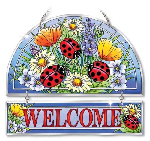 Amia Beveled Glass Hospitality Panel Hand-Painted Ladybug Design, 12 by 11-Inch