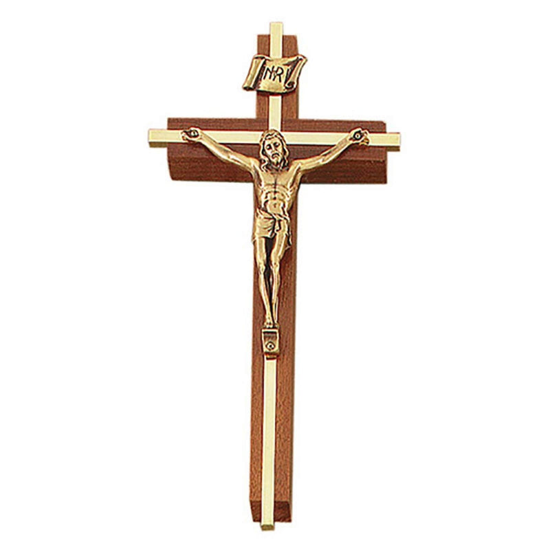Walnut Wood Cross Crucifix with Gold Toned Pewter Inlay and Christ Corpus, 8 Inch