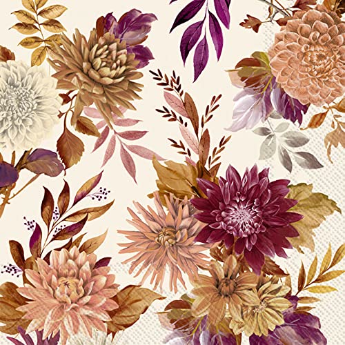 Boston International IHR Floral Fall Autumn Thanksgiving 3-Ply Paper Napkins, 20-Count Lunch Size, Darla- Cream