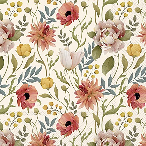 Boston International IHR Floral Fall Autumn Thanksgiving 3-Ply Paper Napkins, 20-Count Cocktail Size, Flower Story- Cream