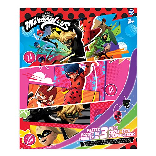 UPD Miraculous Ladybug - 3 in 1 Jigsaw Puzzles for Kids. Featuring Lady & Cat Noir. Great Easter Basket Stuffers & Educational Gifts for Boys and Girls. Colorful Pieces Fit Together Perfectly.