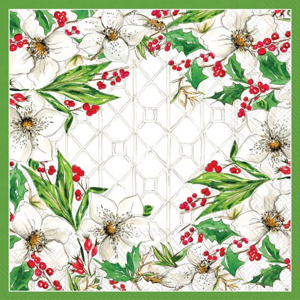 IHR Ideal Home Range Party Disposable 3-Ply Paper Lunch Napkins, 6.5" x 6.5", White Amaryllis