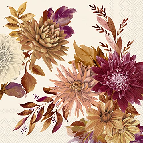 Boston International IHR Floral Fall Autumn Thanksgiving 3-Ply Paper Napkins, 20-Count Cocktail Size, Darla- Cream