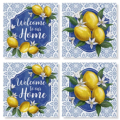 Carson Stoneware Coasters with Cork Back 4 Piece, Decorative Home Accents Square Stone Coaster Set, Lemons Home Square House Coaster Set