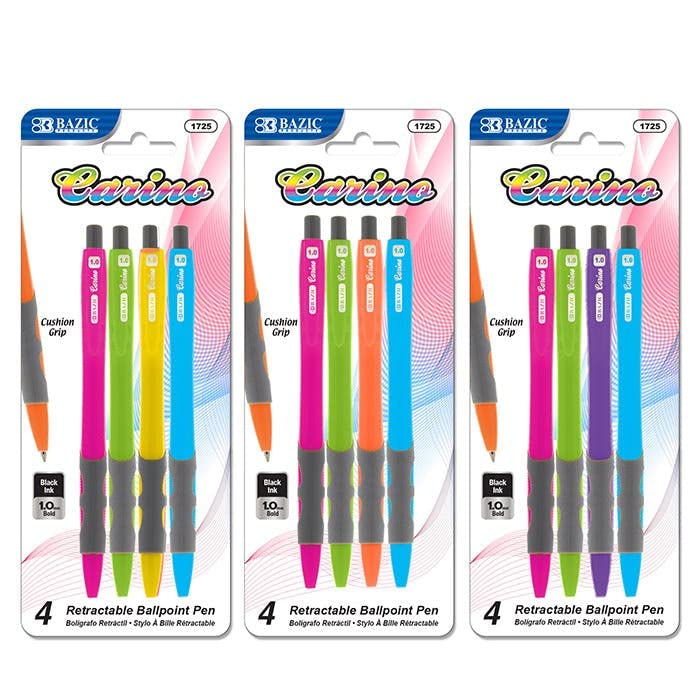 BAZIC Noble Needle Tip Semi Gel-Pen with Grip, Black, 4 Per Pack