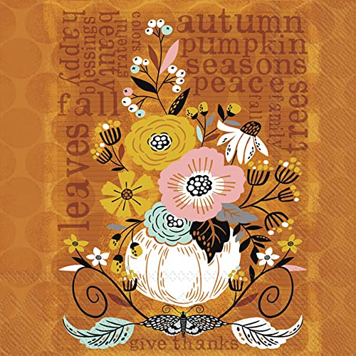 Boston International IHR Floral Fall Autumn Thanksgiving 3-Ply Paper Napkins, 20-Count Lunch Size, Autumn Leaves Floral