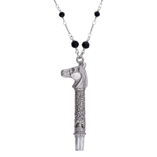 1928 Jewelry Pewter Horse Head Whistle Black Beaded Necklace 30 Inch