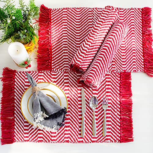 CHARDIN HOME 100% Cotton Placemats Red | 13X19 Table Place mats Set of 4 | Handwoven Durable Textured Machine Washable
