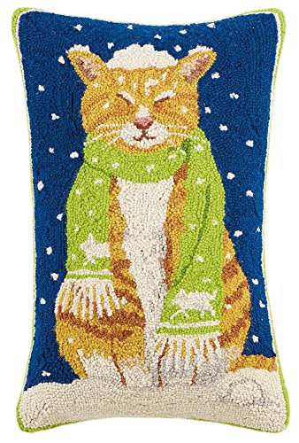 Peking Handicraft Cat with Scarf Hook Wool Lumbar Pillow Multicolored