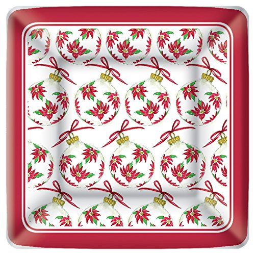 Boston International Square Paper Dessert Plates, 8-Count, 7 x 7-Inches, Poinsettia Ornaments