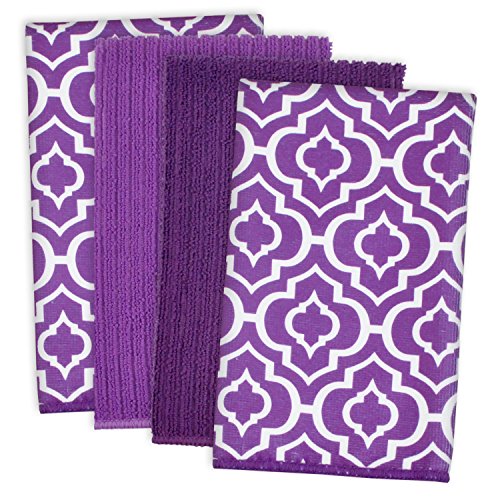 DII Design Cleaning Collection Multi-Purpose Microfiber, Dishtowel Set, 16x19, Eggplant Lattice, 4 Piece