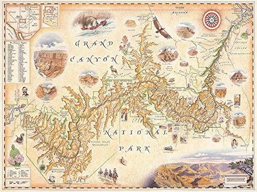 Xplorer Maps Grand Canyon National Park Hand-Drawn Map Poster - Authentic 24X18 Inch Vintage-Style Wall Art - Lithographic Print with Soy-Based Inks - Unique Gift for History Buffs, Travelers, Teachers, or Home Decor - All-Ages - Made In USA
